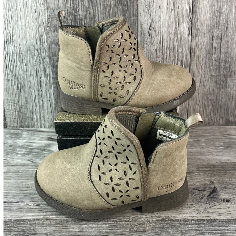 OshKosh Bgosh Estell Toddler Girl Taupe Floral Laser Cut Ankle Boots Size 5M